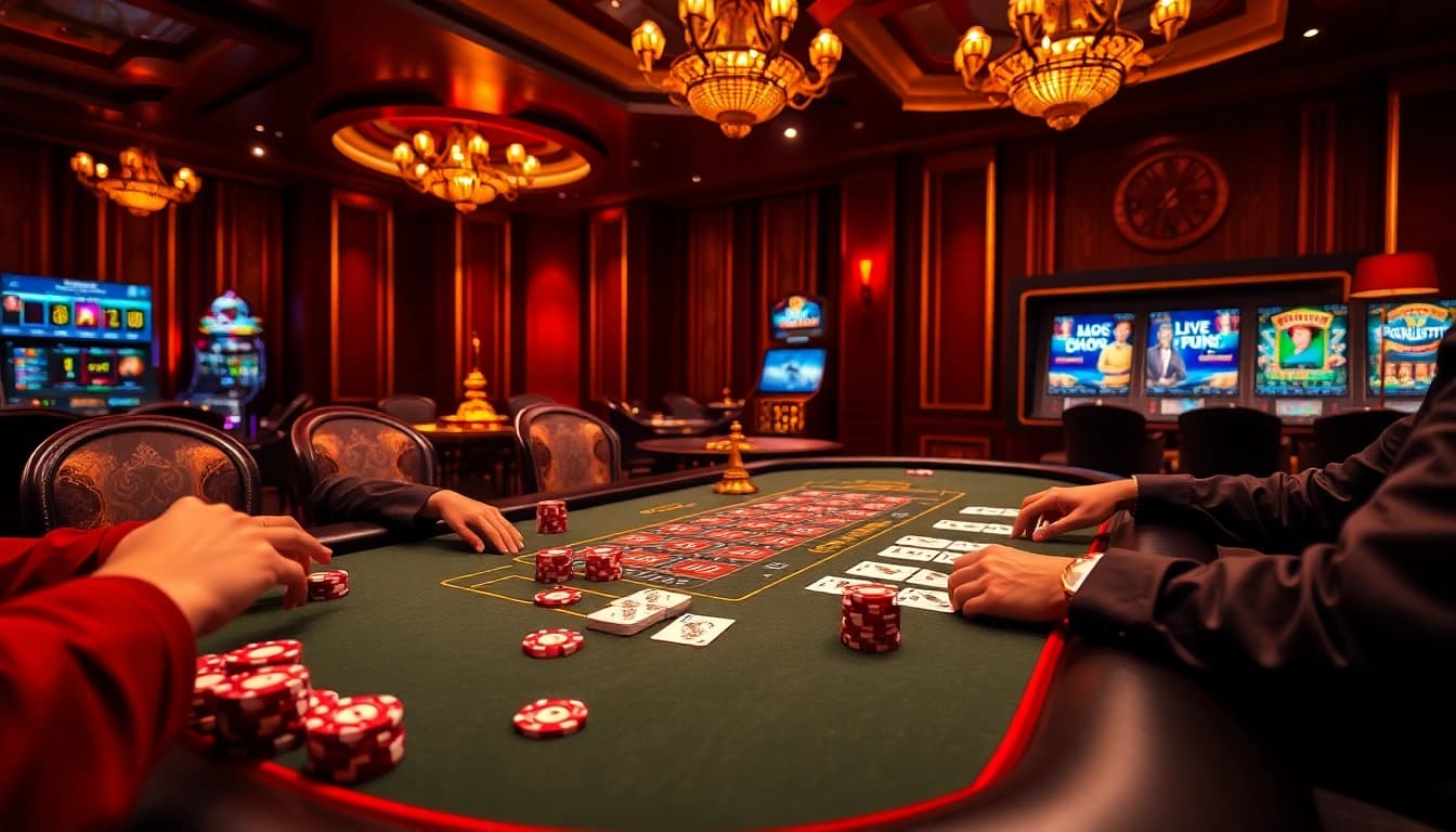 Experience the thrill of TOP nhà cái uy tín with players at a luxurious casino poker table.