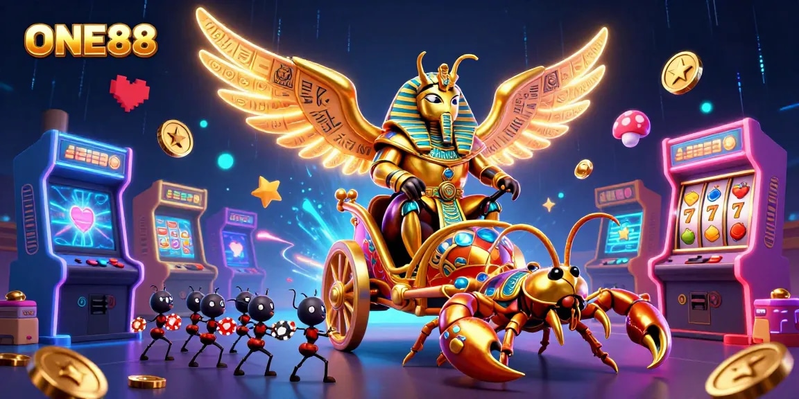 Engage in exciting wins at ONE88 with a vibrant 3D casino adventure filled with golden symbols and thrilling elements.