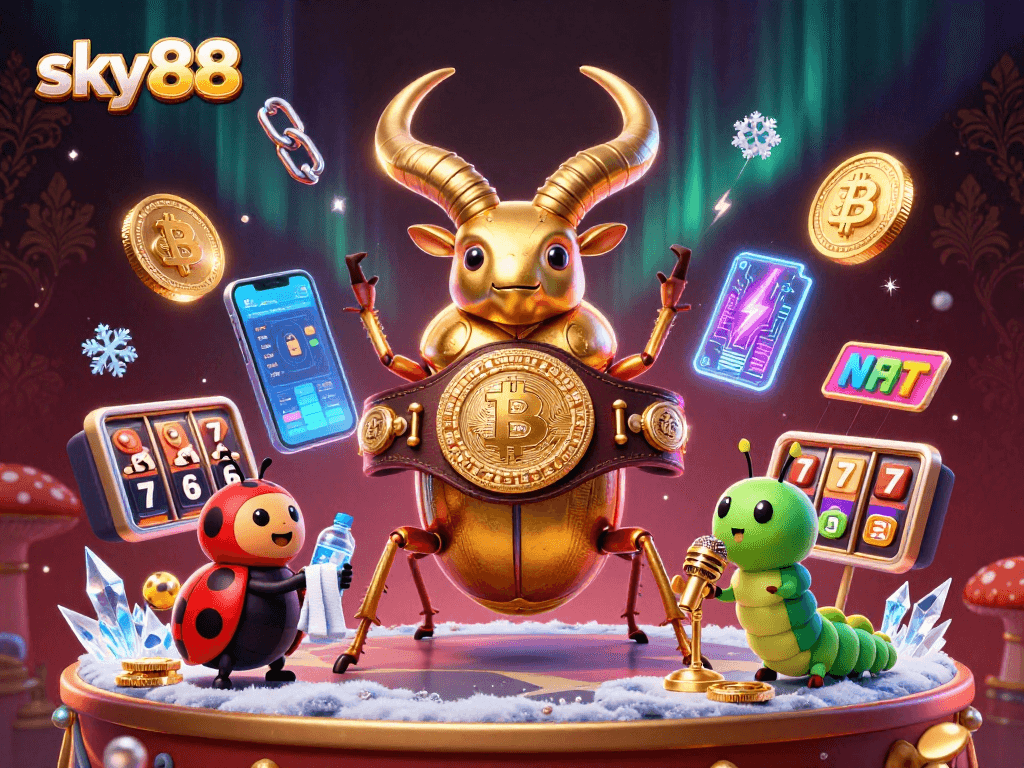 Engage with sky88's thrilling casino world featuring vibrant slot elements and glowing crypto coins.
