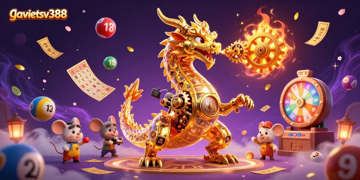 Experience dynamic gaming at gavietsv388 with golden dragon and colorful lottery balls in a vibrant casino scene.