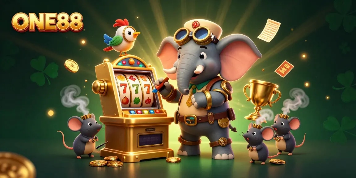 Experience engaging slot action at ONE88 with a cartoon steampunk elephant and dynamic casino elements.