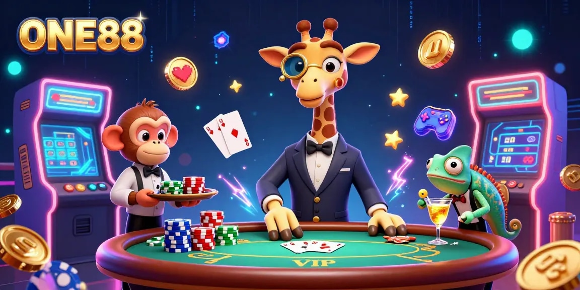 Enjoy an exhilarating poker night at ONE88 featuring a high-roller giraffe, monkey valet, and chameleon bartender.
