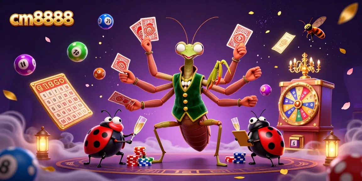 Experience vibrant gameplay with cm8888 as a giant mantis dealer and ladybug boss amid lively gambling elements.