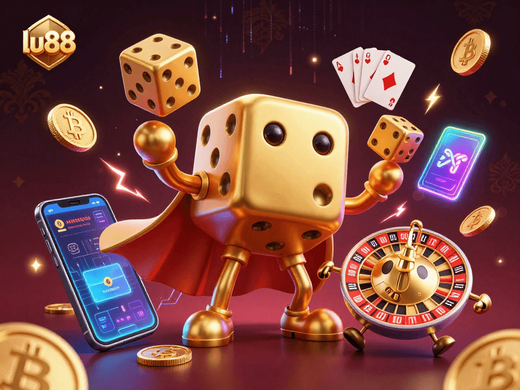 Engage with dynamic casino action at lu88 featuring golden dice, crypto coins, and vibrant gaming elements.