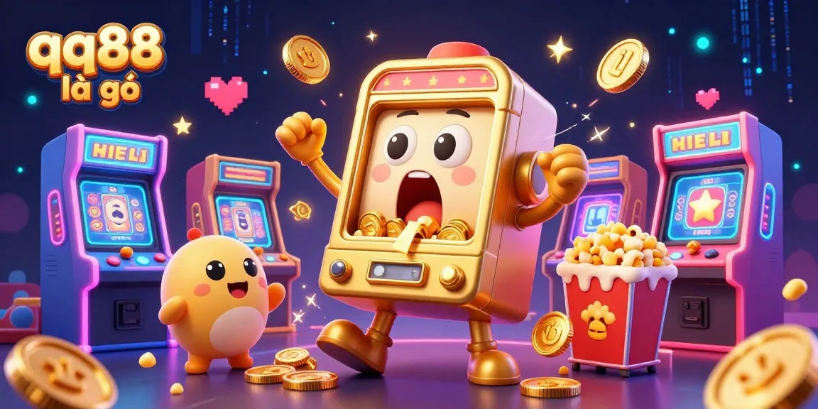 qq88 là gì showcases a lively slot machine hitting the jackpot, surrounded by vibrant game elements.