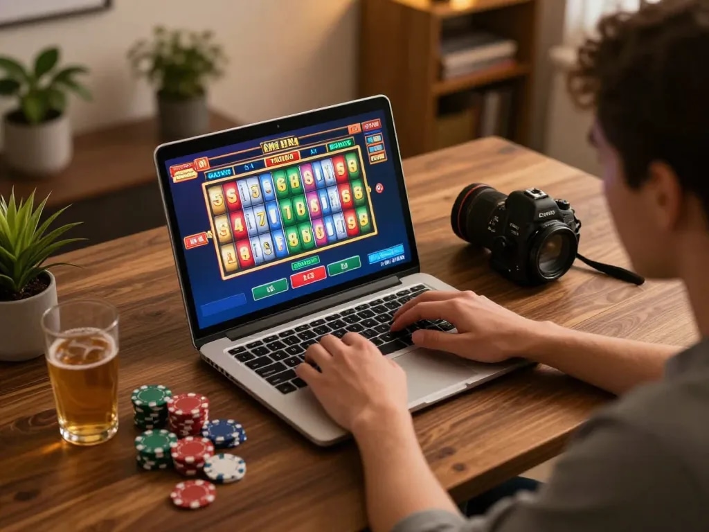 Player enjoying DA88 online slots at home with vibrant visuals and cozy atmosphere.