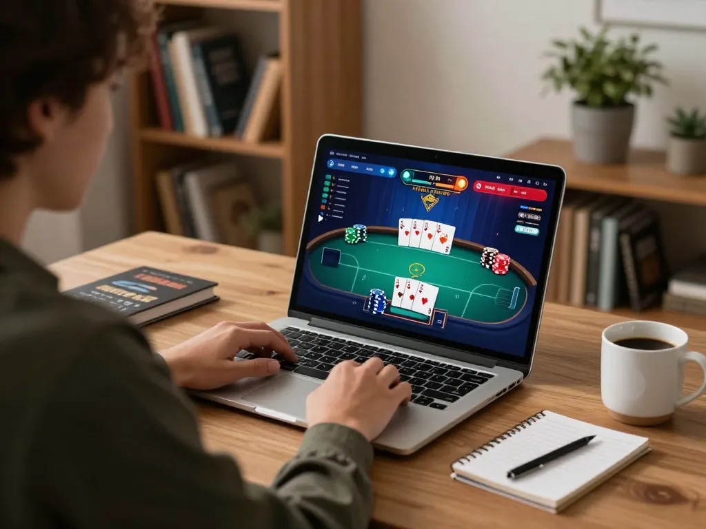 Player engaged in LODE88 online poker game, showcasing vibrant interface and strategic notes in stylish home setting.