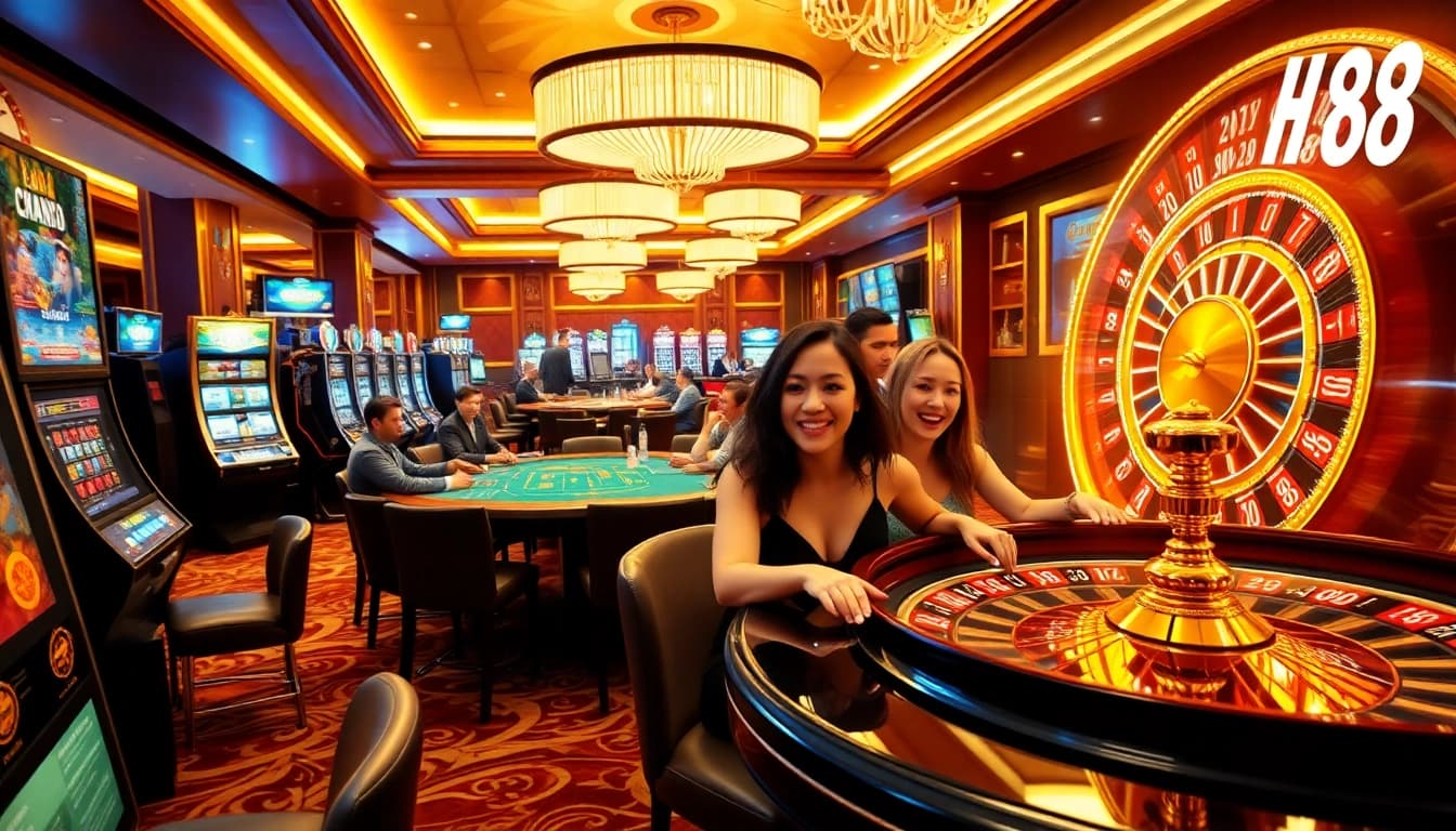 Players experiencing the thrill of HAY 88 at a luxurious casino scene with vibrant games.