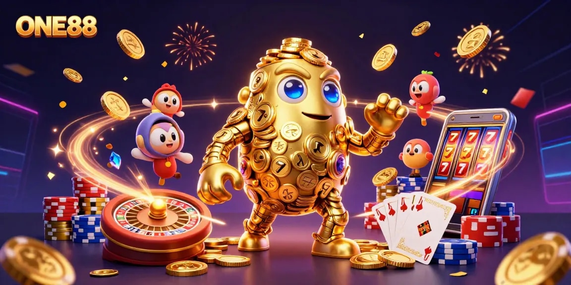 Experience thrilling gameplay with ONE88, featuring a golden golem amidst dazzling casino elements.