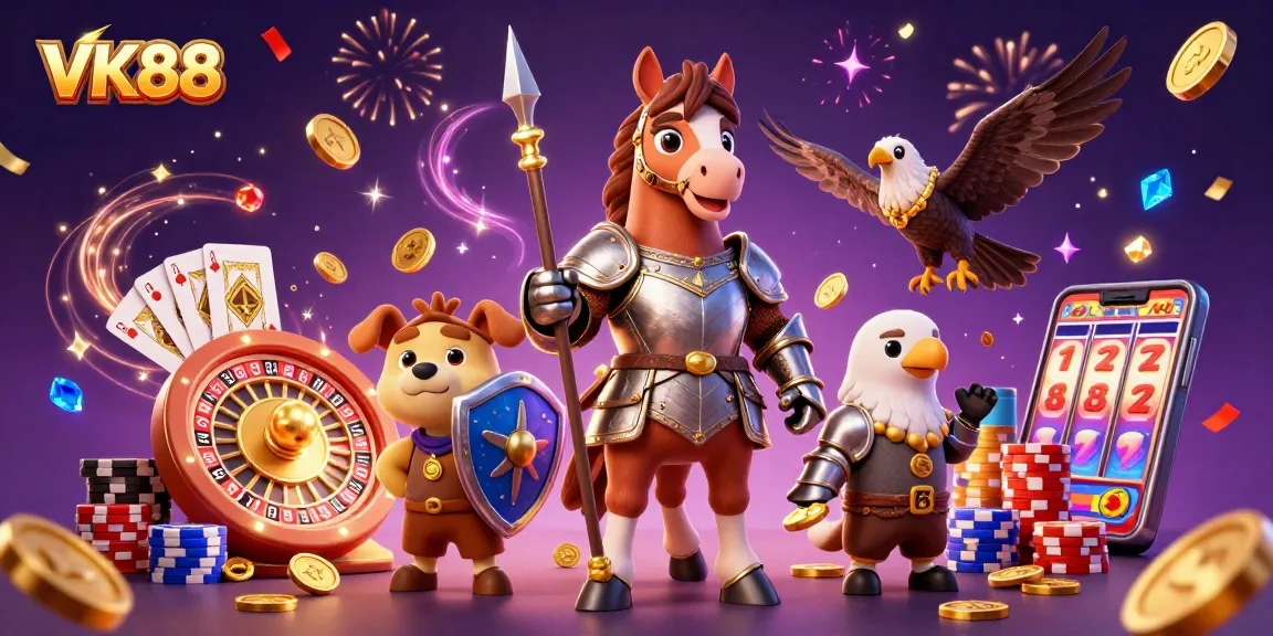 Experience thrilling gaming at VK88 with a valiant knight and a playful puppy amidst casino treasures.