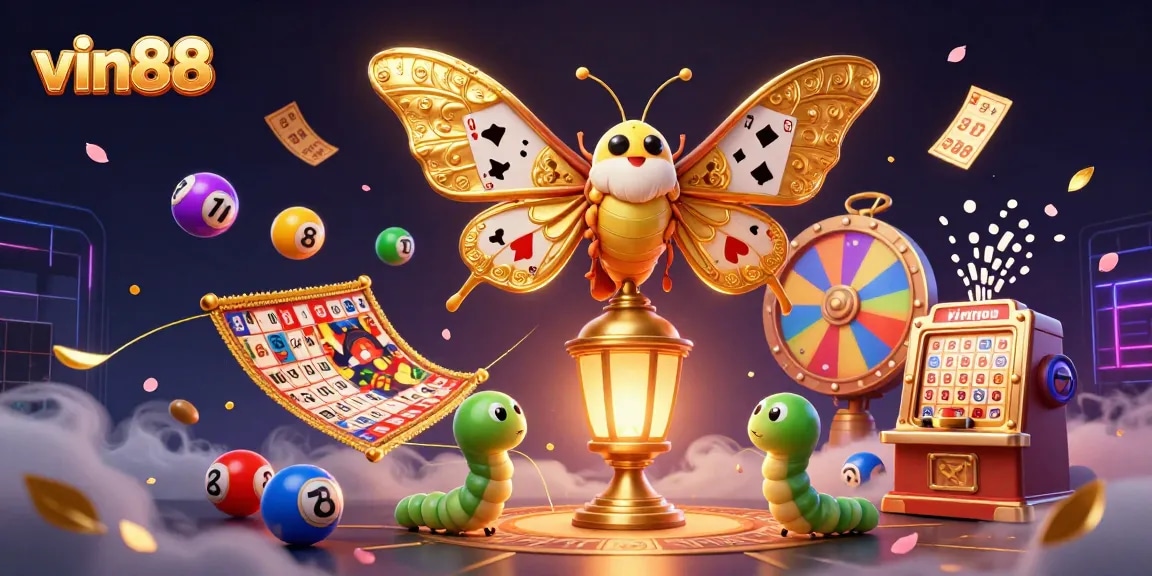 Engage in the thrilling world of vin88 with a vibrant 3D casino scene showcasing a majestic moth and gambling elements.