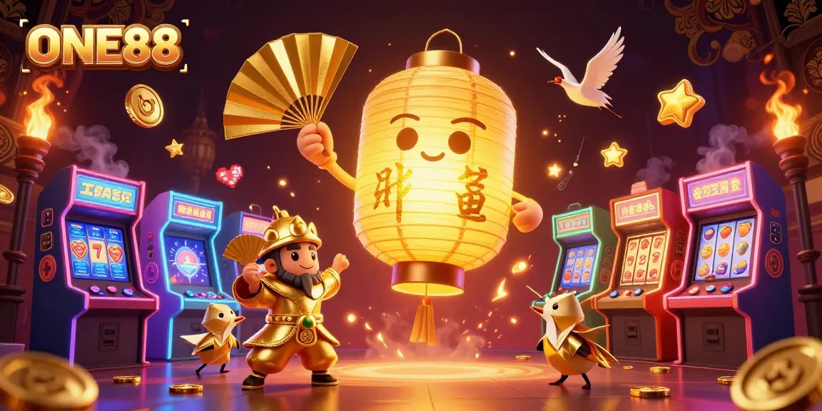 Engage with ONE88's dynamic gaming experience featuring vibrant characters and casino elements.