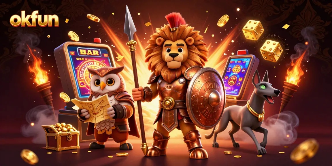 Experience thrilling wins at okfun under a vibrant, highly detailed casino scene.