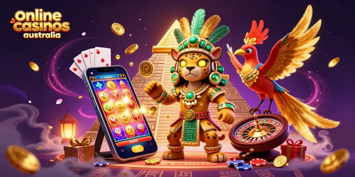Engage with online casinos australia through a vibrant 3D casino scene featuring a Mayan jaguar priest.
