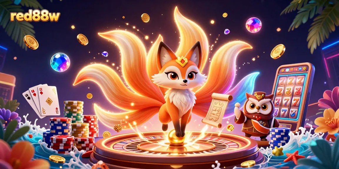 Join the excitement of red88w with a lively scene featuring colorful characters, dynamic casino elements, and sparkling winnings.