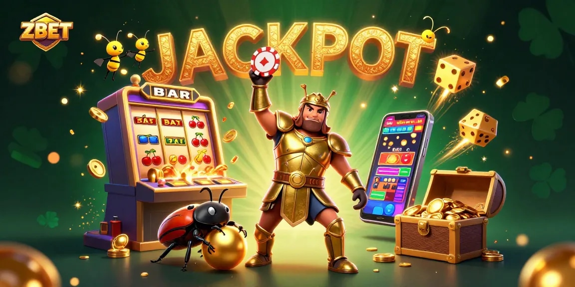 Engaging ZBET illustration showcasing a victorious beetle character with casino elements, symbolizing excitement in gaming.