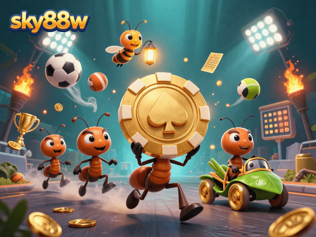 Experience thrilling action in sky88w with a team of ants stealing a giant poker chip!