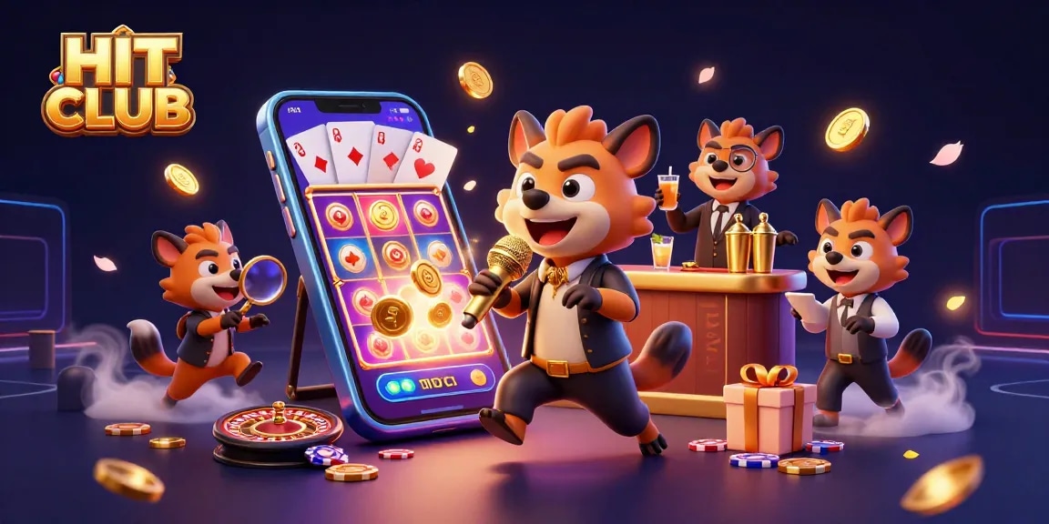 Experience HIT CLUB fun with cartoon hyenas in a vibrant casino scene, mixing drinks and enjoying games.