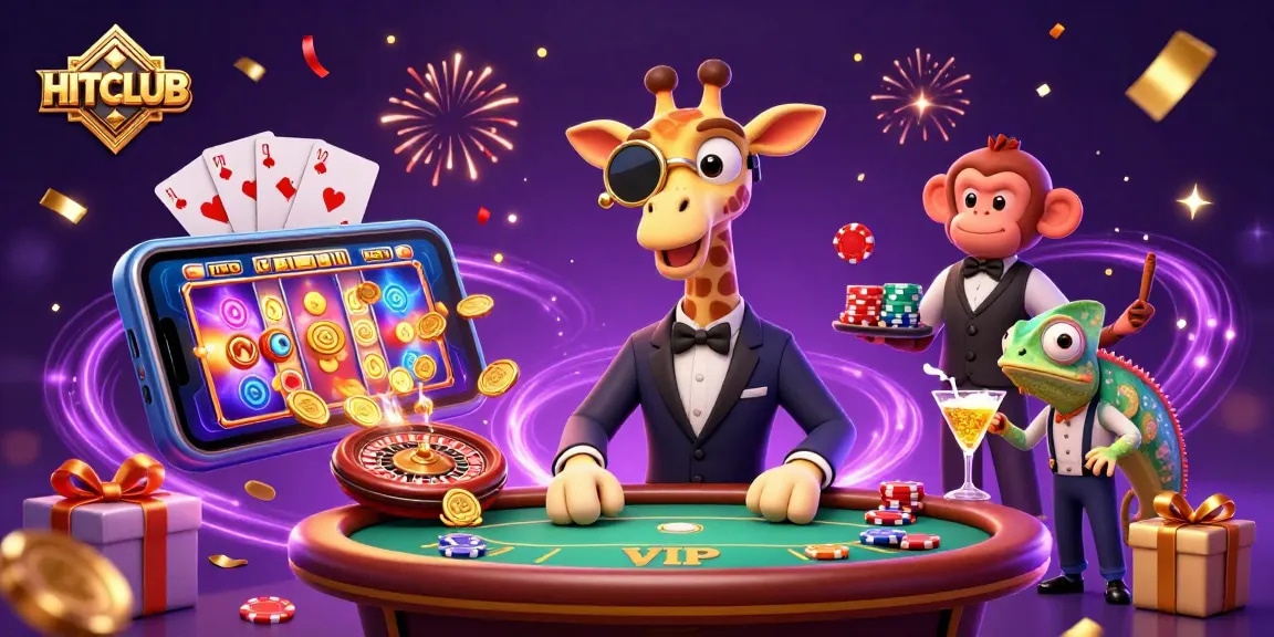Experience HITCLUB's exciting atmosphere with vibrant casino elements and engaging characters in this 3D illustration.