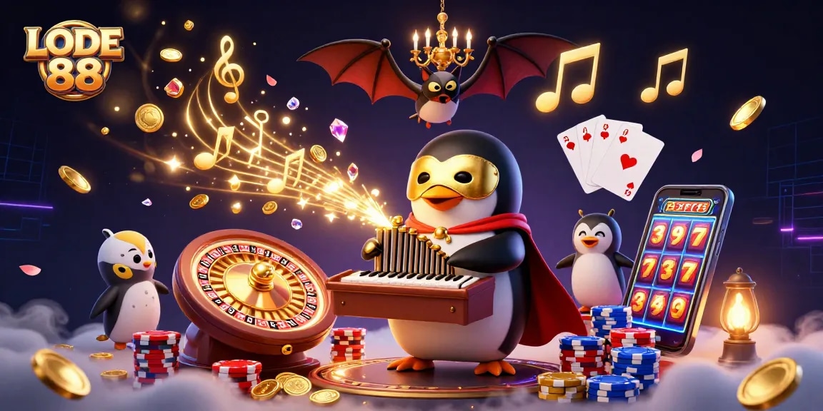 Win big at LODE 88 with a vibrant casino scene filled with gold coins and dynamic gaming elements.