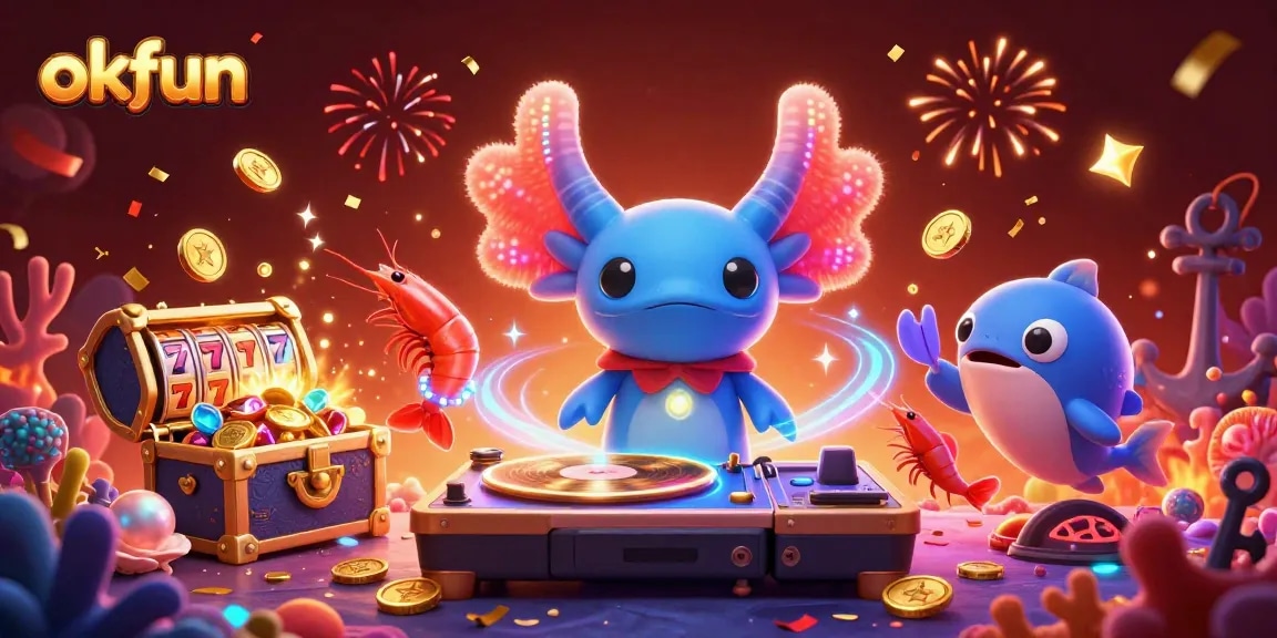 Spin and win with okfun's vibrant 3D casino illustration of a neon DJ and dancing sea creatures.