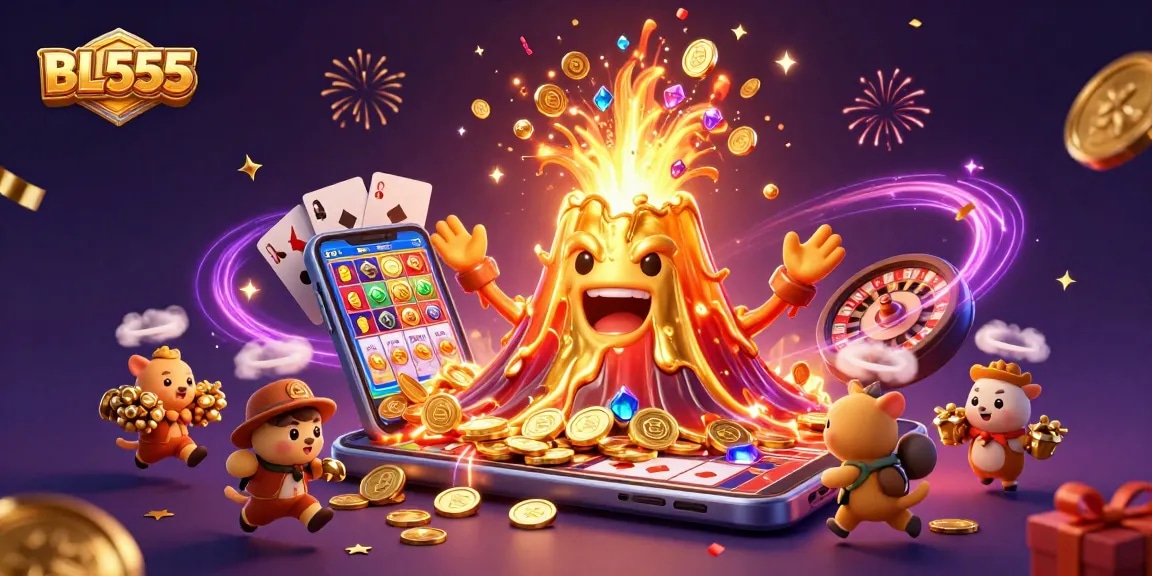 Win big with BL555 in this vibrant 3D casino scene featuring treasures and games.