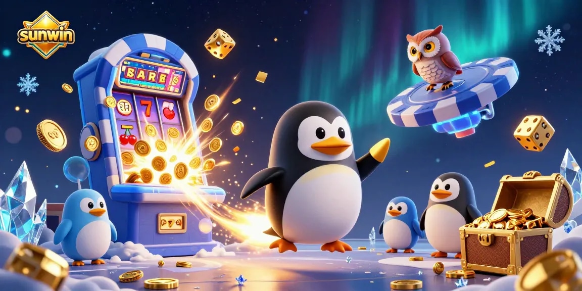 Experience the thrilling universe of sunwin with dynamic casino elements and a gold-trailing penguin.