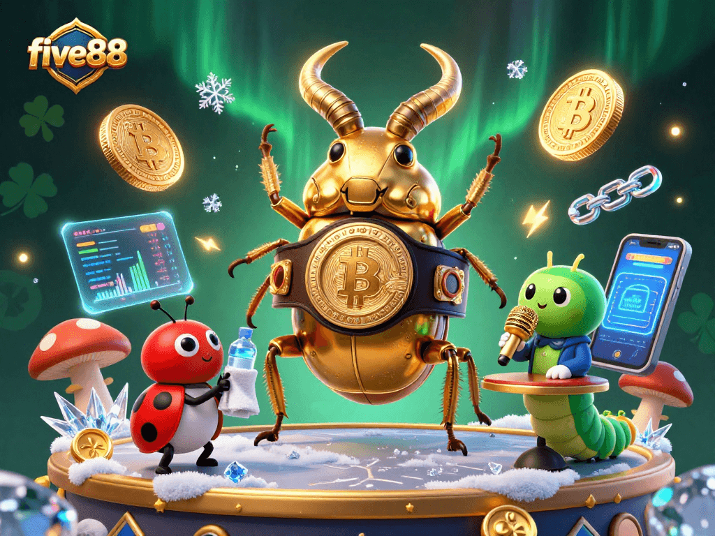 Engage with five88 in a vibrant 3D casino scene with colorful characters and crypto elements.