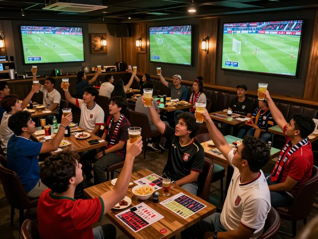 Fans cheering for bóng đá hôm nay trực tiếp in a lively sports bar, capturing the excitement of live football.