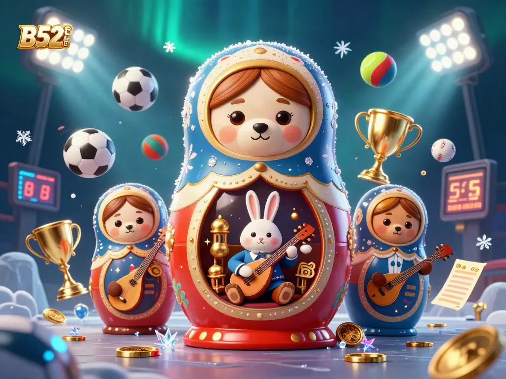 Bets on games at B52CLUB with festive characters in a vibrant 3D casino scene