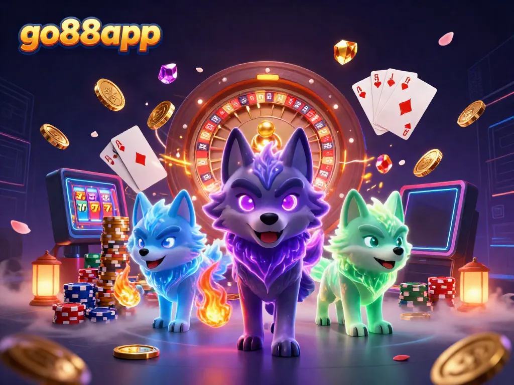 Experience the magic of go88app with vibrant wolves, coins, and casino elements in a dynamic 3D scene.