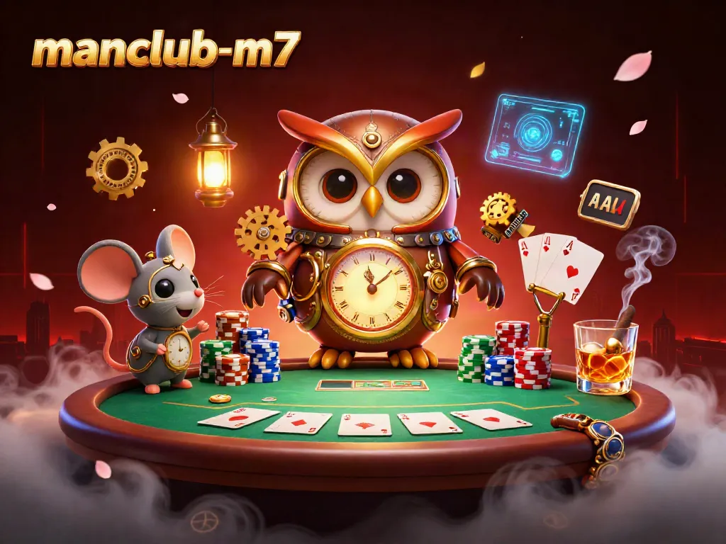 Experience the thrill with manclub-m7's 3D cartoon scene of poker excitement and steampunk characters.