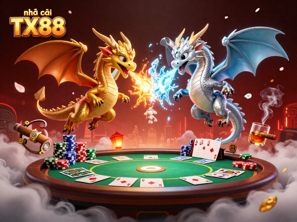 Experience excitement at nhà cái TX88 with intertwined dragons amidst poker elements in a vibrant casino setting.