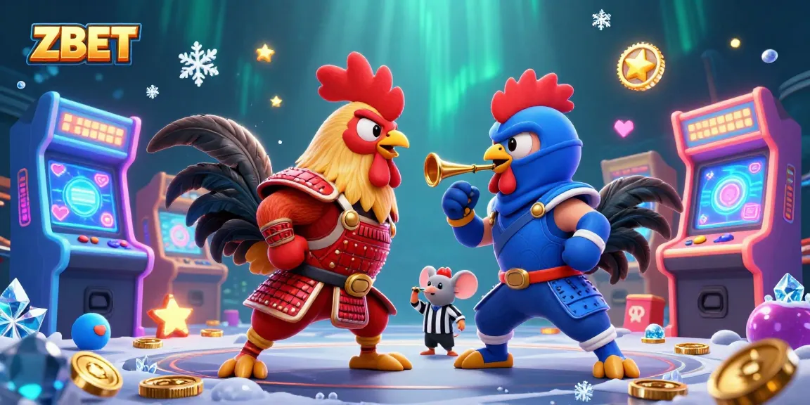ZBET showcases a dynamic duel of colorful 3D cartoon fighting roosters amid vibrant arcade games.