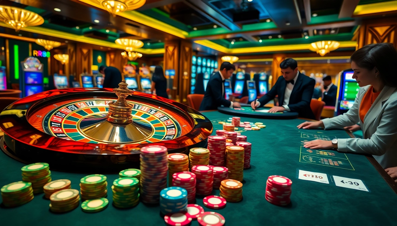 Players enjoying a dynamic casino experience at RR88 gratis, featuring roulette wheels and poker chips.