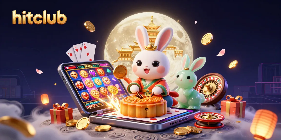 Hitclub's vibrant online casino scene features a moon rabbit surrounded by gaming elements, capturing the thrill of gambling.