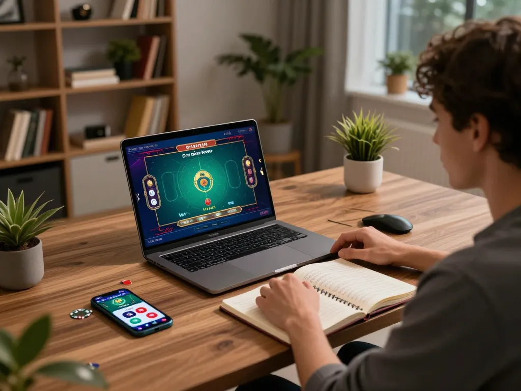 A person engaging in a live dealer game on ku win casino app from a stylish home desk setup.