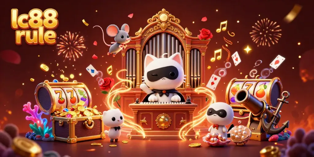 Admire the lc88 rule as the white cat serenades at a casino organ amidst colorful casino elements.