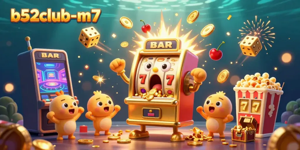 The b52club-m7 jackpot scene features a golden slot machine spilling coins, with cheering baby machines.