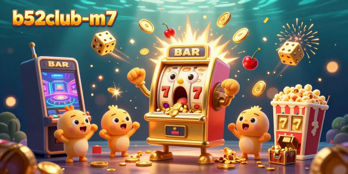 The b52club-m7 jackpot scene features a golden slot machine spilling coins, with cheering baby machines.