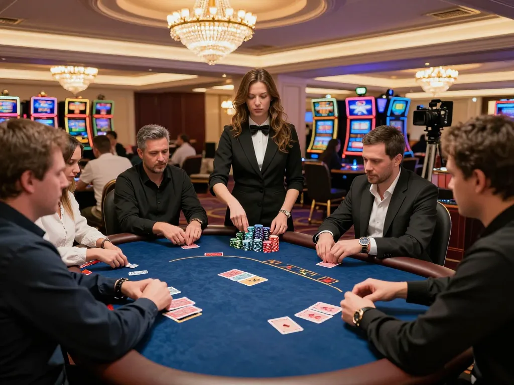 FABET players engaging in intense poker gameplay at an upscale casino.