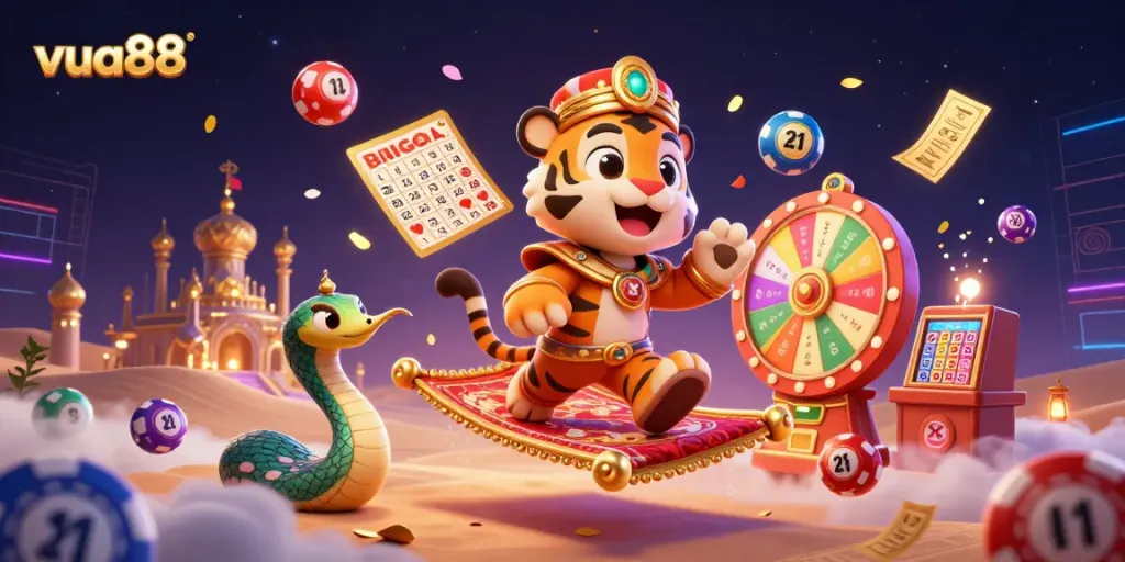 Experience the excitement of vua88 with a vibrant, dynamic 3D casino scene filled with games and magic.