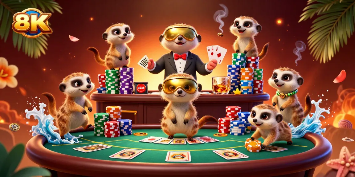 Engage with a lively meerkat casino operation featuring poker tables and towering chips at KU88.
