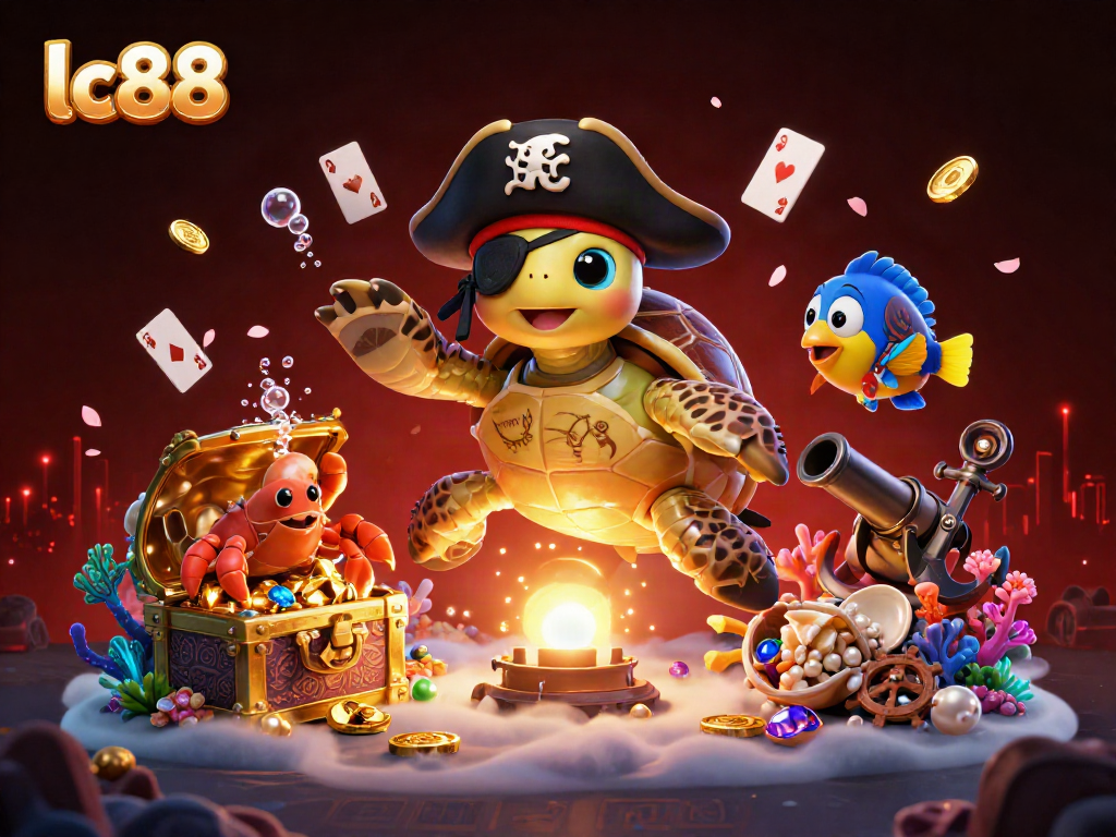 Engage with lc88's vibrant underwater world featuring a pirate turtle, golden hermit crab, and colorful gems.