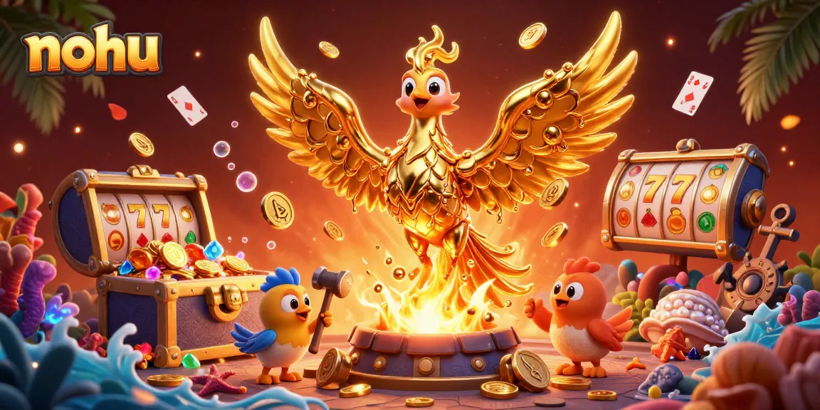 Nohu brand showcases a vivid 3D casino scene featuring a molten golden phoenix amidst lively slot elements.