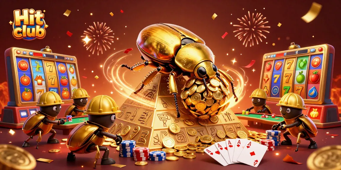 Experience thrilling wins at Hit club with golden beetles amidst vibrant casino elements and jackpot excitement.