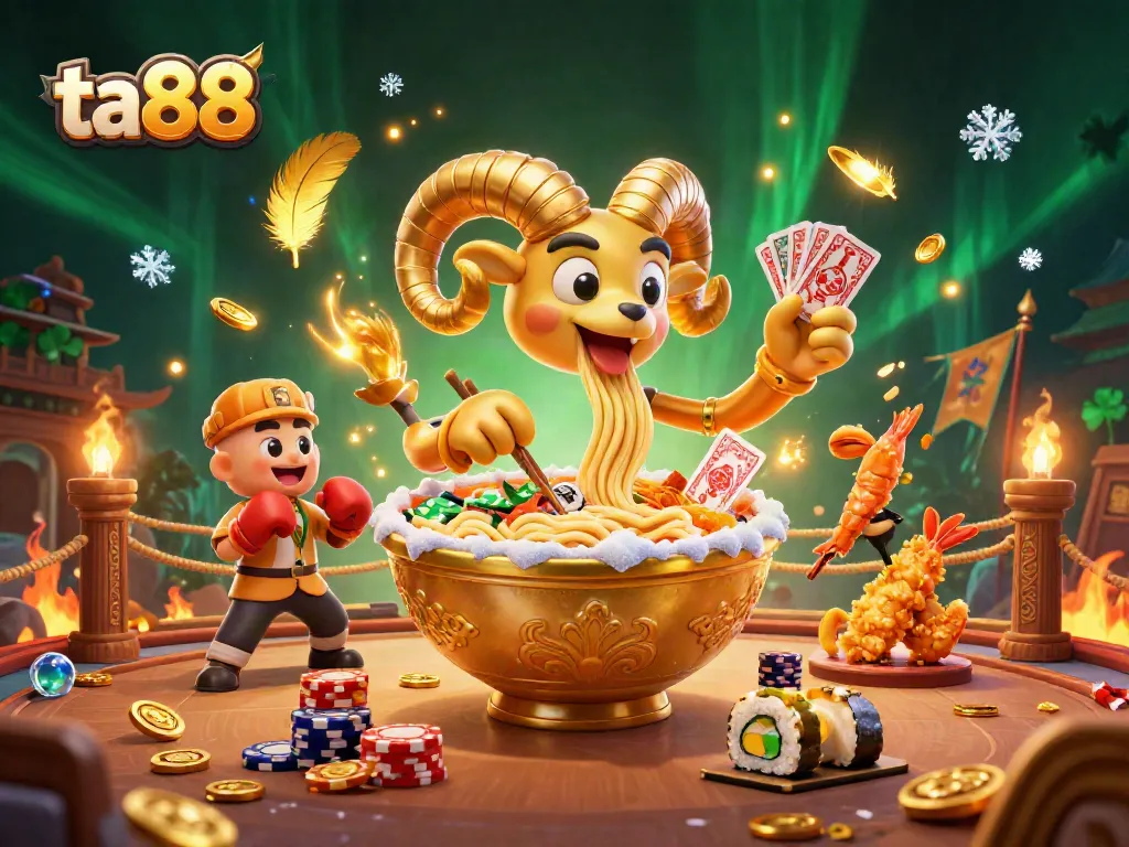 Experience thrilling action at ta88 with a giant ramen bowl dealer amidst vibrant casino elements.