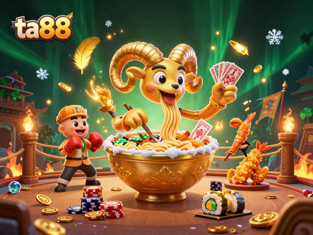 Experience thrilling action at ta88 with a giant ramen bowl dealer amidst vibrant casino elements.