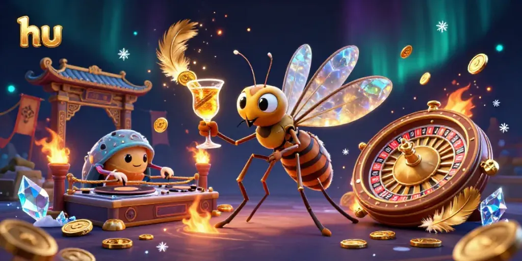 Experience the thrill of gambling with hu, as a cartoon mosquito mascot captures the fun at a casino.