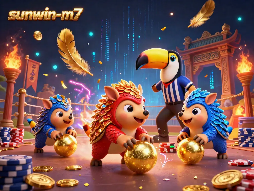 Experience epic matches in sunwin-m7 casino, featuring vibrant pangolins rolling golden balls amidst poker chips.
